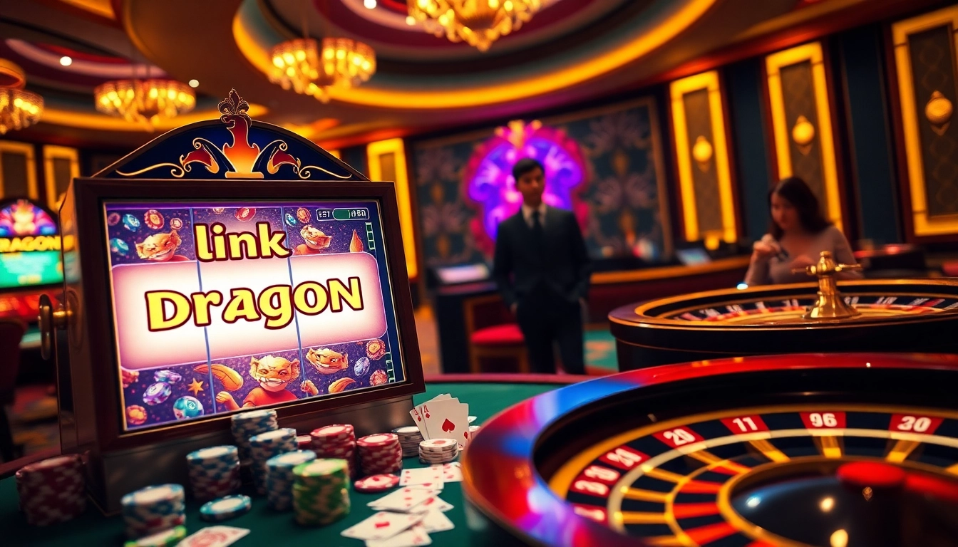 Exciting gaming scene showcasing the link DRAGON222 with vibrant slot machine action and colorful casino props.