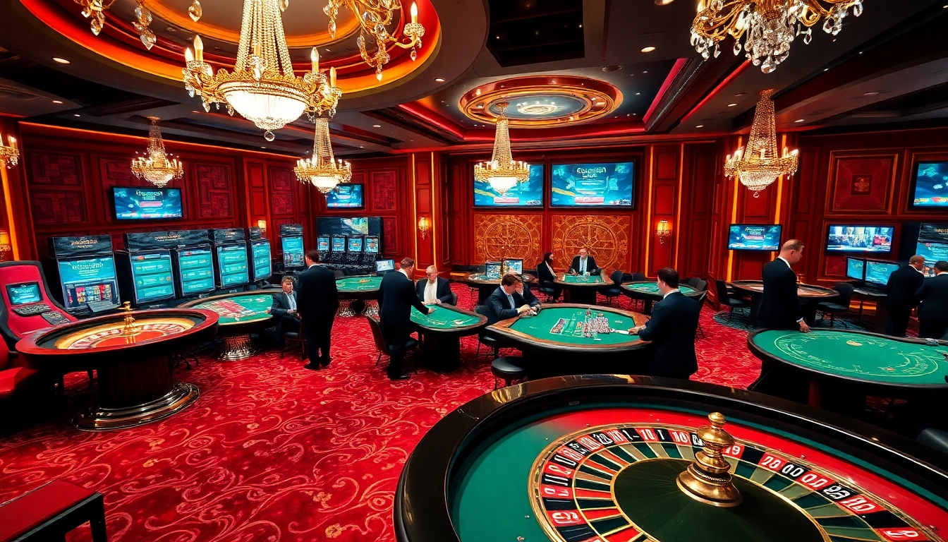 Scène passionnante montrant des joueurs profitant des jeux au meilleur casino crypto, avec des tables animées et une décoration luxueuse.