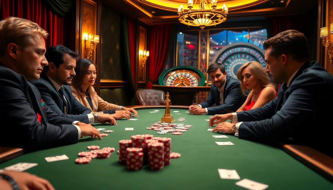 Players engaged in a high-stakes poker game at les meilleur casino en ligne, showcasing excitement and luxury.