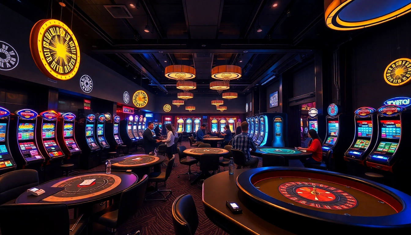 Joueurs thrillés dans des crypto casinos animés avec éclairages vifs et jeux de table captivants.