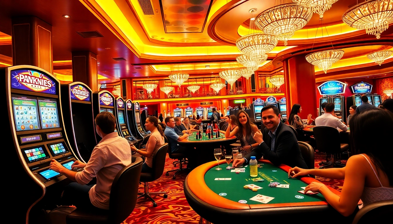 Joueurs dans un Casino en Ligne, profitant de l'ambiance animée et des machines à sous.