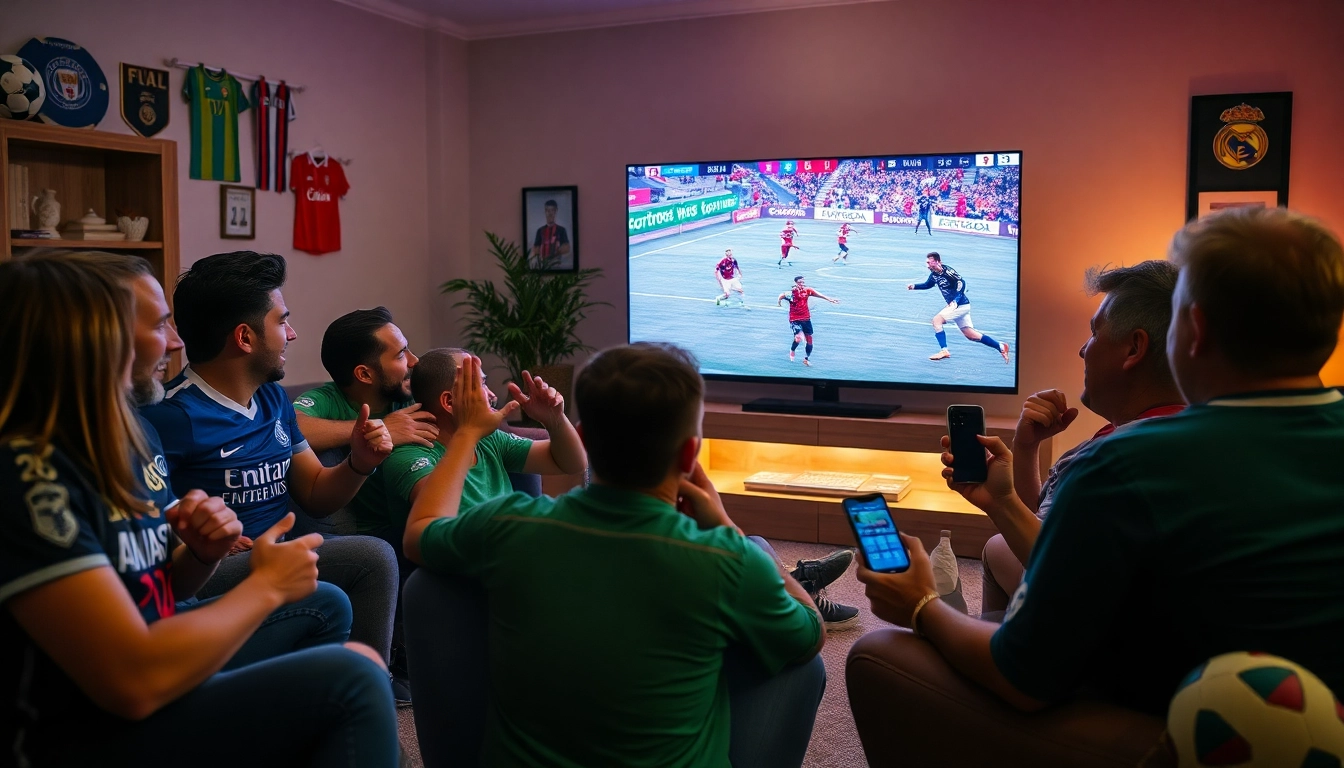 Excited fans enjoying cakhia tv trực tiếp bóng đá in a lively living room setting with memorabilia.