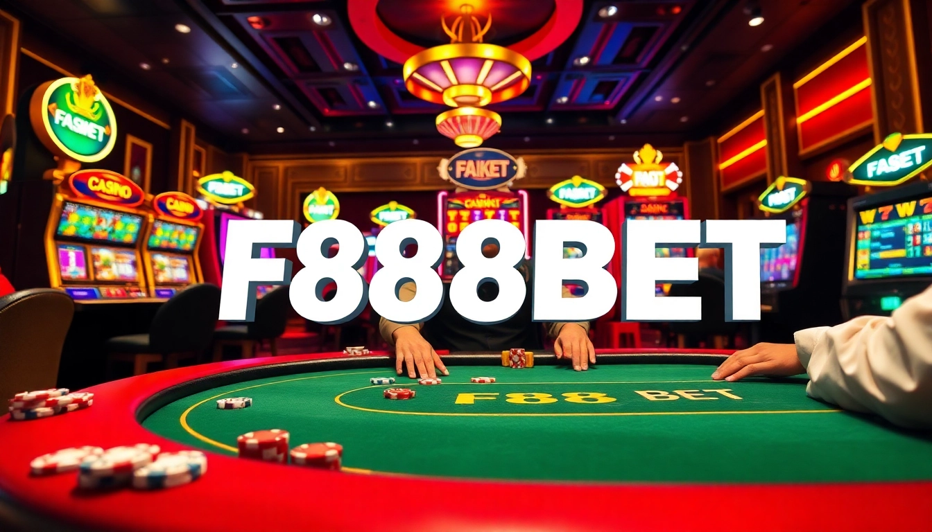 Exciting F88BET casino scene with poker players, vibrant slot machines, and colorful decor.
