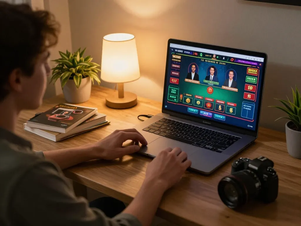 Player engaging with the Sunwin online casino platform while managing betting strategies in a cozy home office setting.